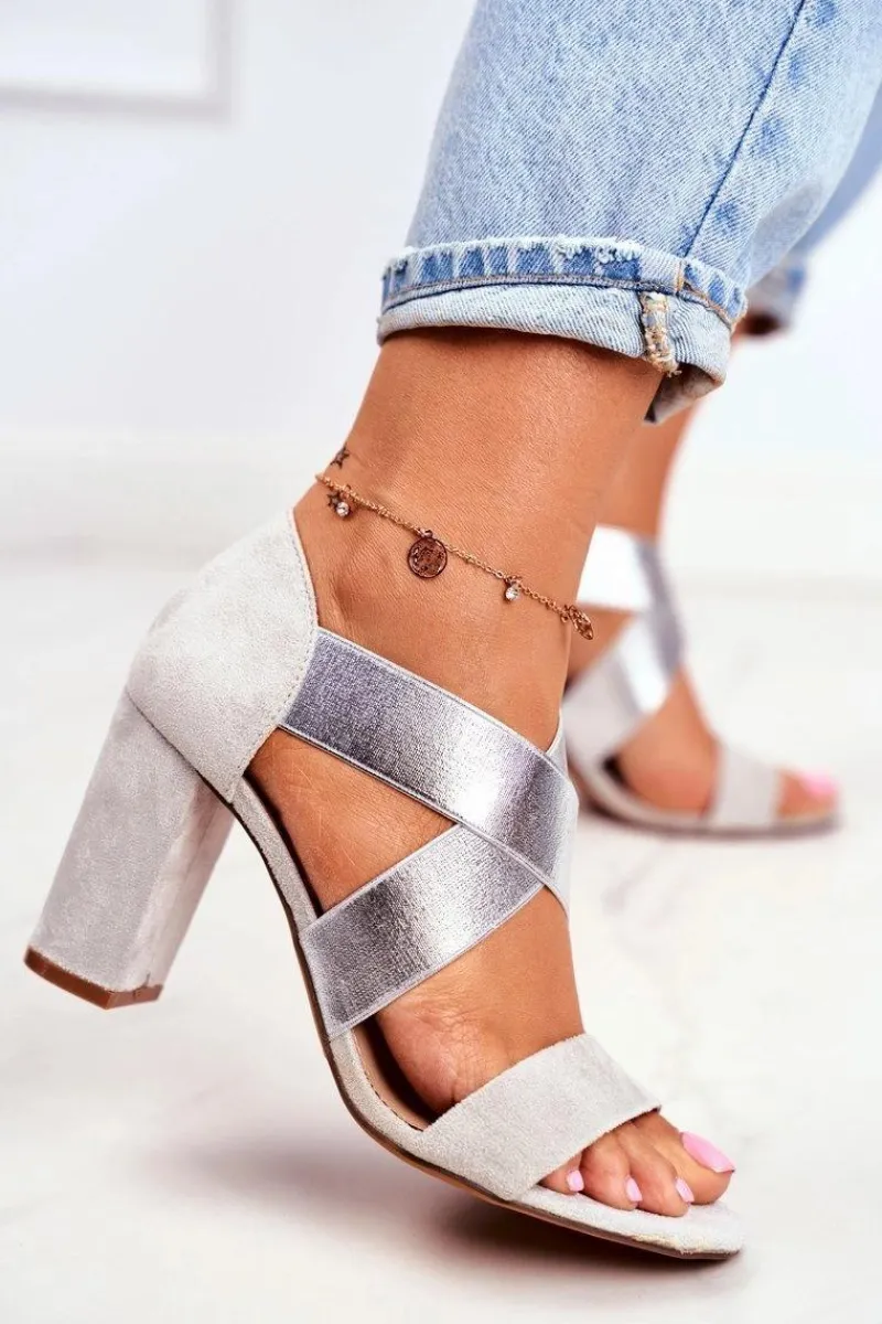 Best Eleganckie Wsuwane Sandały Na Słupku Szaro-Srebrne Varina Damskie Sandały Na Obcasie