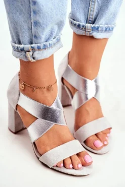 Best Eleganckie Wsuwane Sandały Na Słupku Szaro-Srebrne Varina Damskie Sandały Na Obcasie