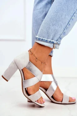 Best Eleganckie Wsuwane Sandały Na Słupku Szaro-Srebrne Varina Damskie Sandały Na Obcasie