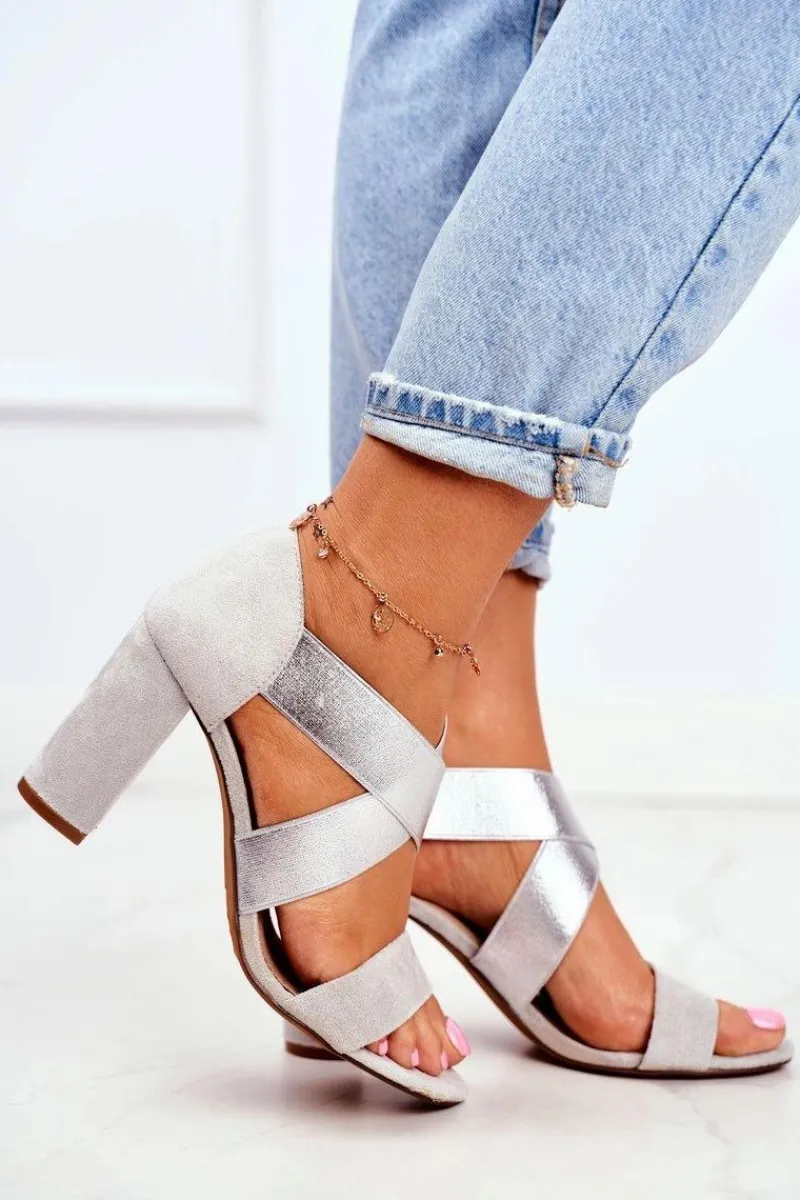Best Eleganckie Wsuwane Sandały Na Słupku Szaro-Srebrne Varina Damskie Sandały Na Obcasie