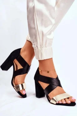 Best Evento Eleganckie Wsuwane Sandały Na Słupku Czarno-Złote Varina