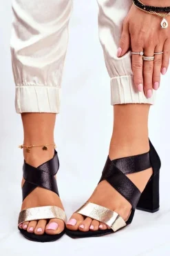Best Evento Eleganckie Wsuwane Sandały Na Słupku Czarno-Złote Varina