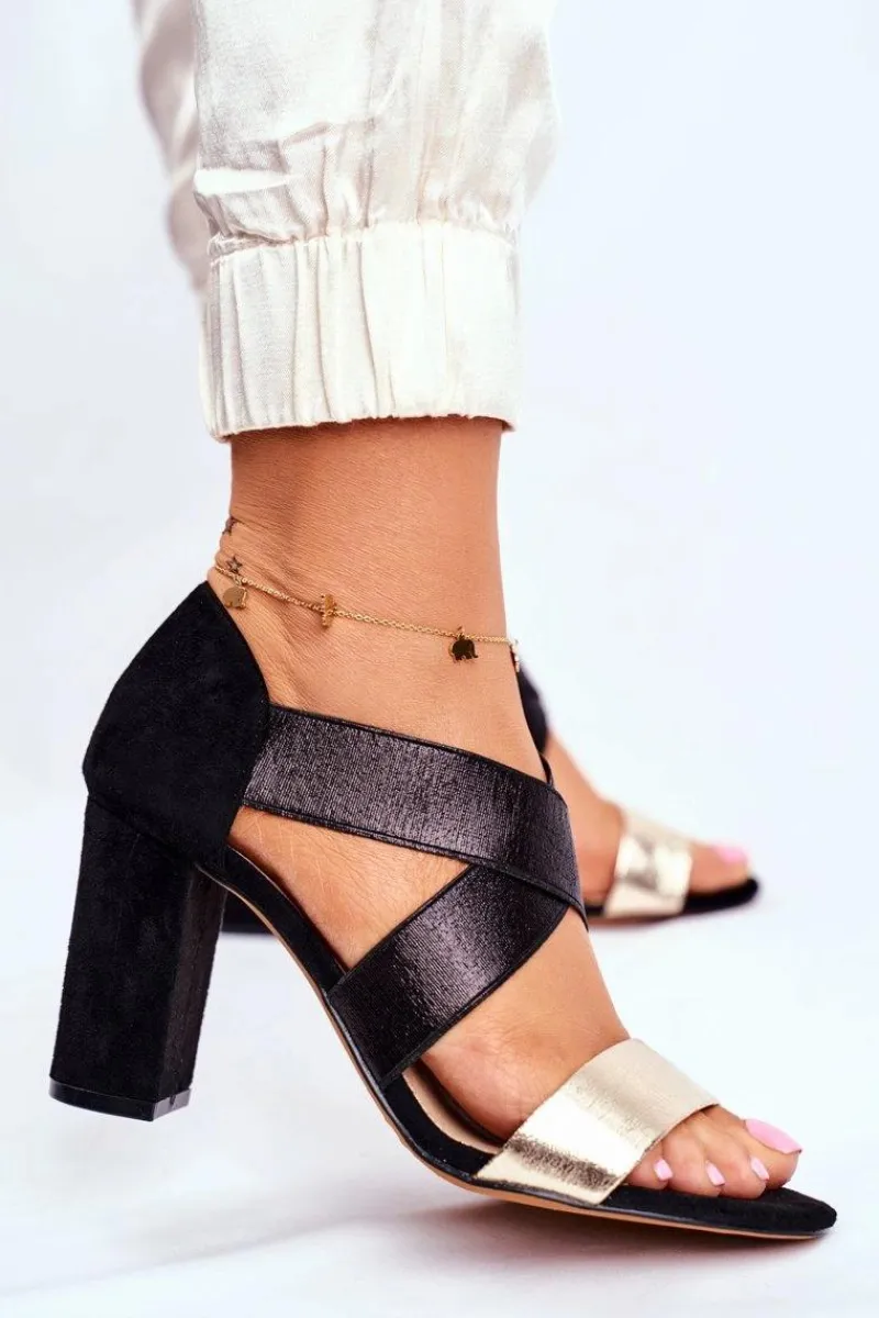 Best Evento Eleganckie Wsuwane Sandały Na Słupku Czarno-Złote Varina