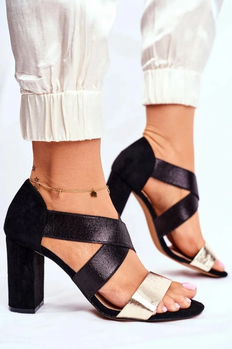 Best Evento Eleganckie Wsuwane Sandały Na Słupku Czarno-Złote Varina