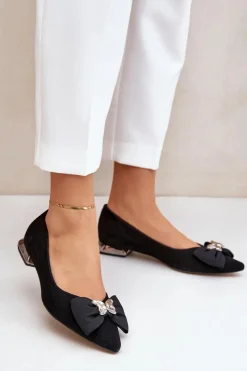 Sale Eleganckie Zamszowe Baleriny Damskie Z Kokardką 2893 Czarne Damskie Baleriny Skórzane|Baleriny Klasyczne