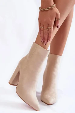 Discount Eleganckie Zamszowe Botki Na Słupku Beżowe Ettany Damskie Botki Ocieplane|Botki Na Słupku