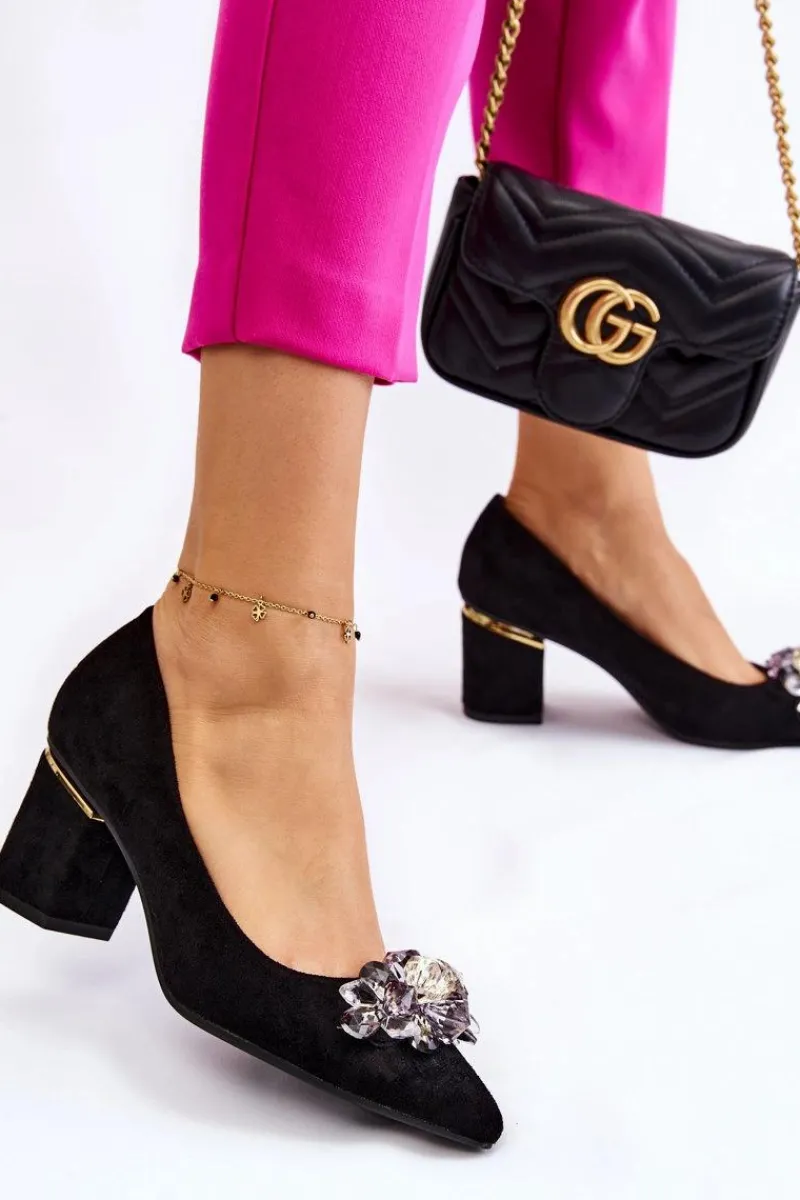 Boto Eleganckie Zamszowe Czółenka Z Ozdobą Czarne Elianne