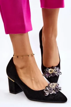 Boto Eleganckie Zamszowe Czółenka Z Ozdobą Czarne Elianne