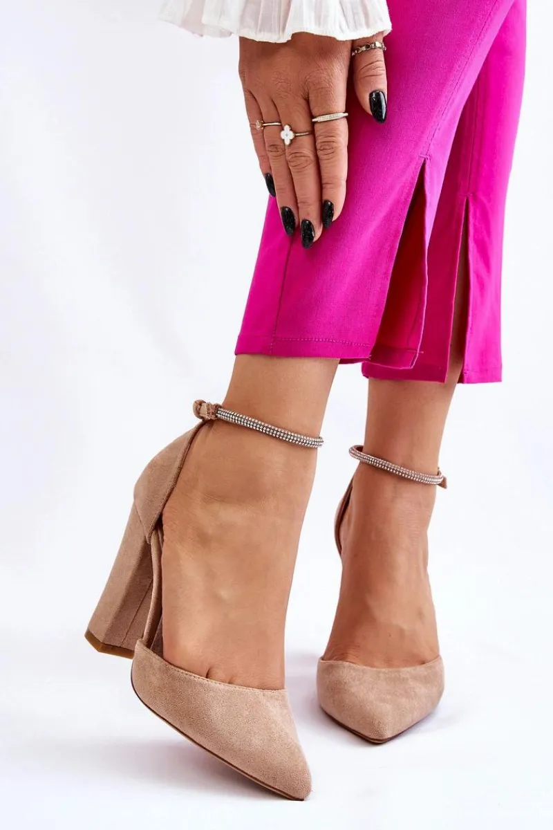 Clearance Eleganckie Zamszowe Czółenka Na Słupku Beżowe Kaliya Damskie Czółenka Zamszowe|Czółenka Na Słupku