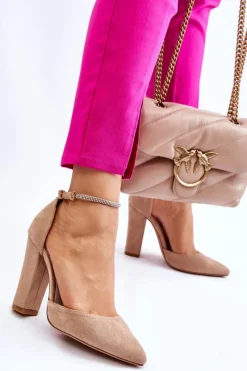 Clearance Eleganckie Zamszowe Czółenka Na Słupku Beżowe Kaliya Damskie Czółenka Zamszowe|Czółenka Na Słupku