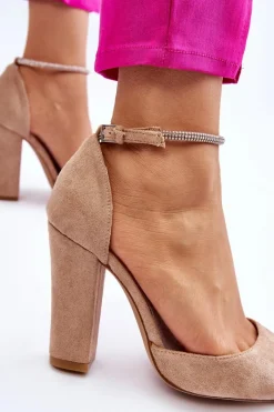 Clearance Eleganckie Zamszowe Czółenka Na Słupku Beżowe Kaliya Damskie Czółenka Zamszowe|Czółenka Na Słupku