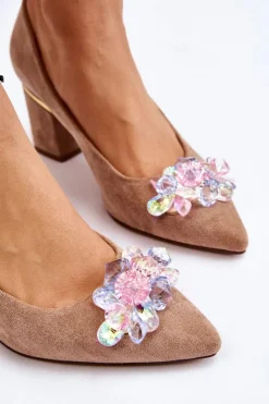 New Eleganckie Zamszowe Czółenka Z Ozdobą Beżowe Elianne Damskie Czółenka Zamszowe|Czółenka Na Słupku