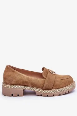 Hot Eleganckie Zamszowe Mokasyny Ciemnobeżowe Laverne Damskie Loafersy Damskie|Mokasyny Płaskie