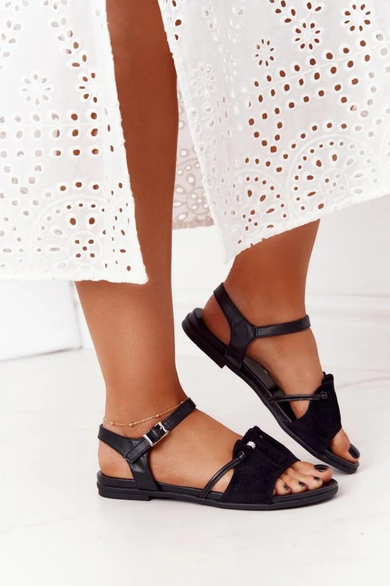 Hot Evento Eleganckie Zamszowe Sandały Z Cekinami Czarne Vitoria