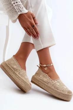 Espadryle Na Platformie>Boto Espadryle Damskie Koronkowe Na Platformie Beżowe Elarose