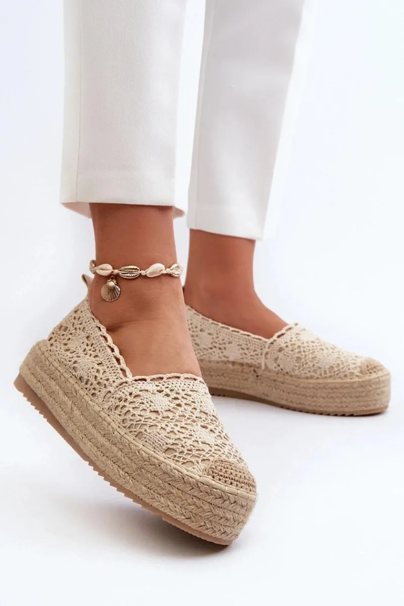 Espadryle Na Platformie>Boto Espadryle Damskie Koronkowe Na Platformie Beżowe Elarose