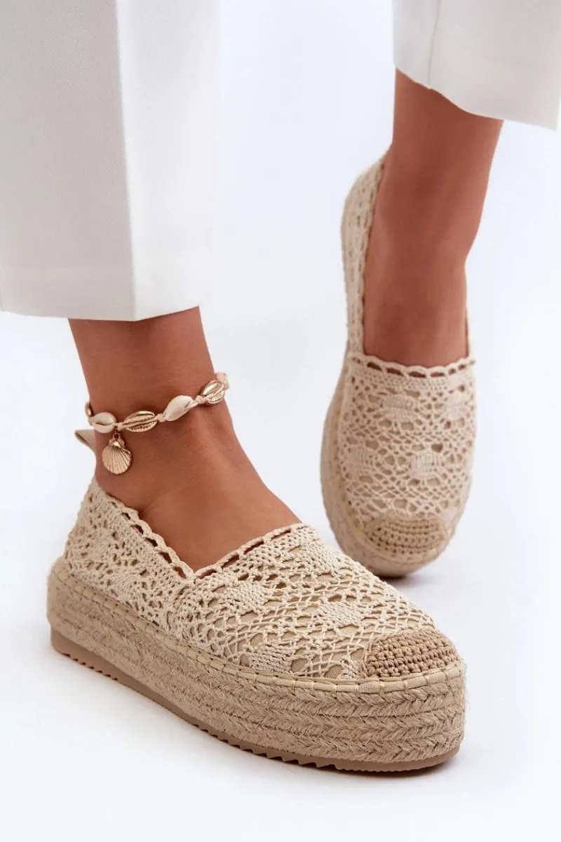 Espadryle Na Platformie>Boto Espadryle Damskie Koronkowe Na Platformie Beżowe Elarose
