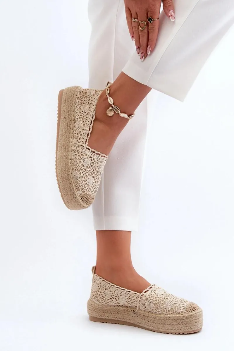 Espadryle Na Platformie>Boto Espadryle Damskie Koronkowe Na Platformie Beżowe Elarose
