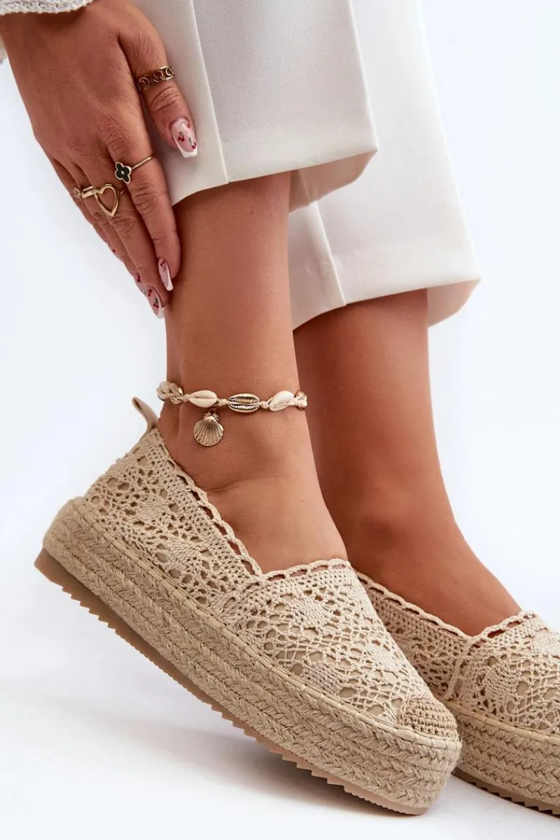 Espadryle Na Platformie>Boto Espadryle Damskie Koronkowe Na Platformie Beżowe Elarose