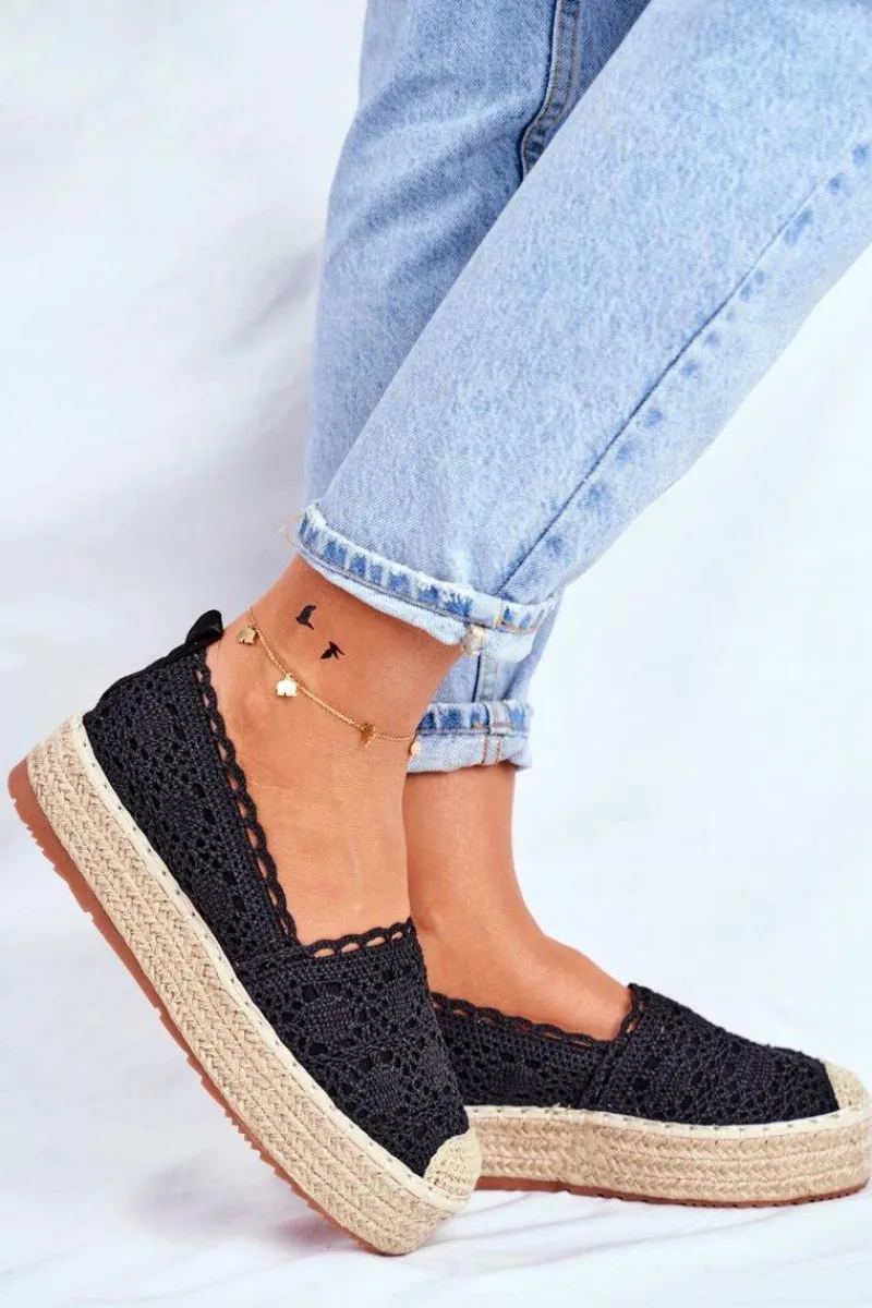 Best Boto Espadryle Damskie Koronkowe Czarne Platforma Desante