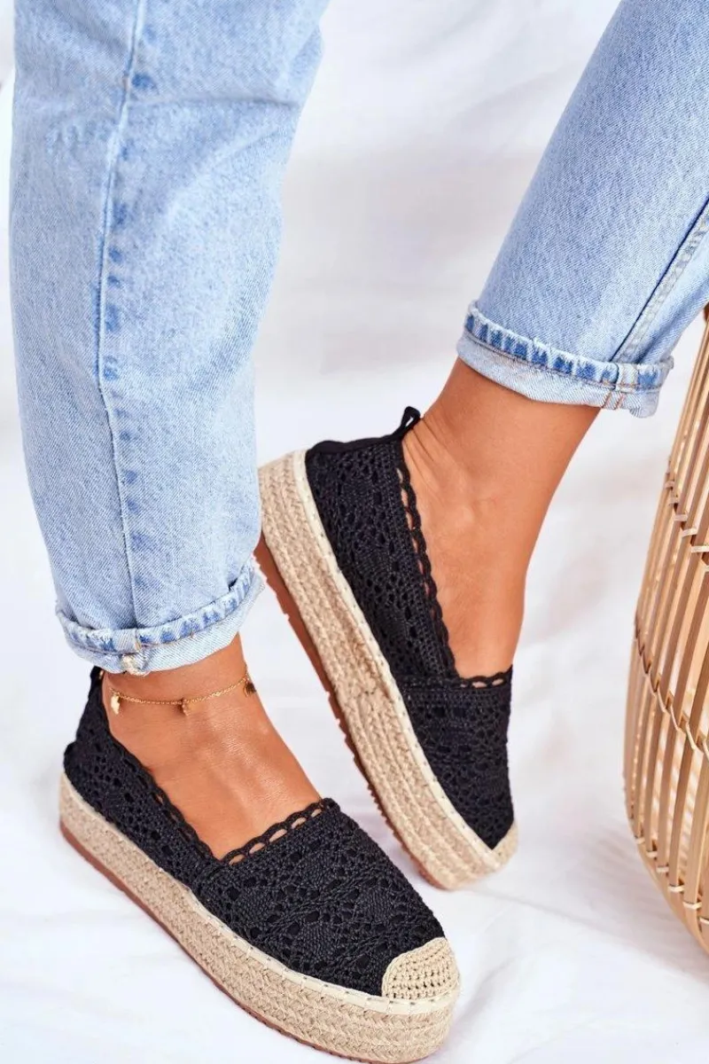 Best Boto Espadryle Damskie Koronkowe Czarne Platforma Desante
