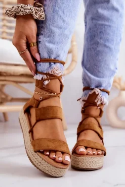 Discount Espadryle Damskie Na Platformie Wiązane Camel Fuerta Damskie Czarne Espadryle