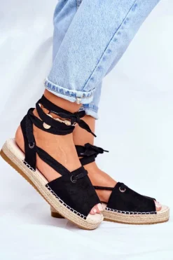 Czarne Espadryle>Boto Espadryle Damskie Na Platformie Lniane Czarne Monacoz