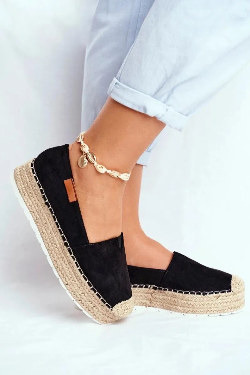 Czarne Espadryle>Boto Espadryle Damskie Na Platformie Lniane Czarne La Playa