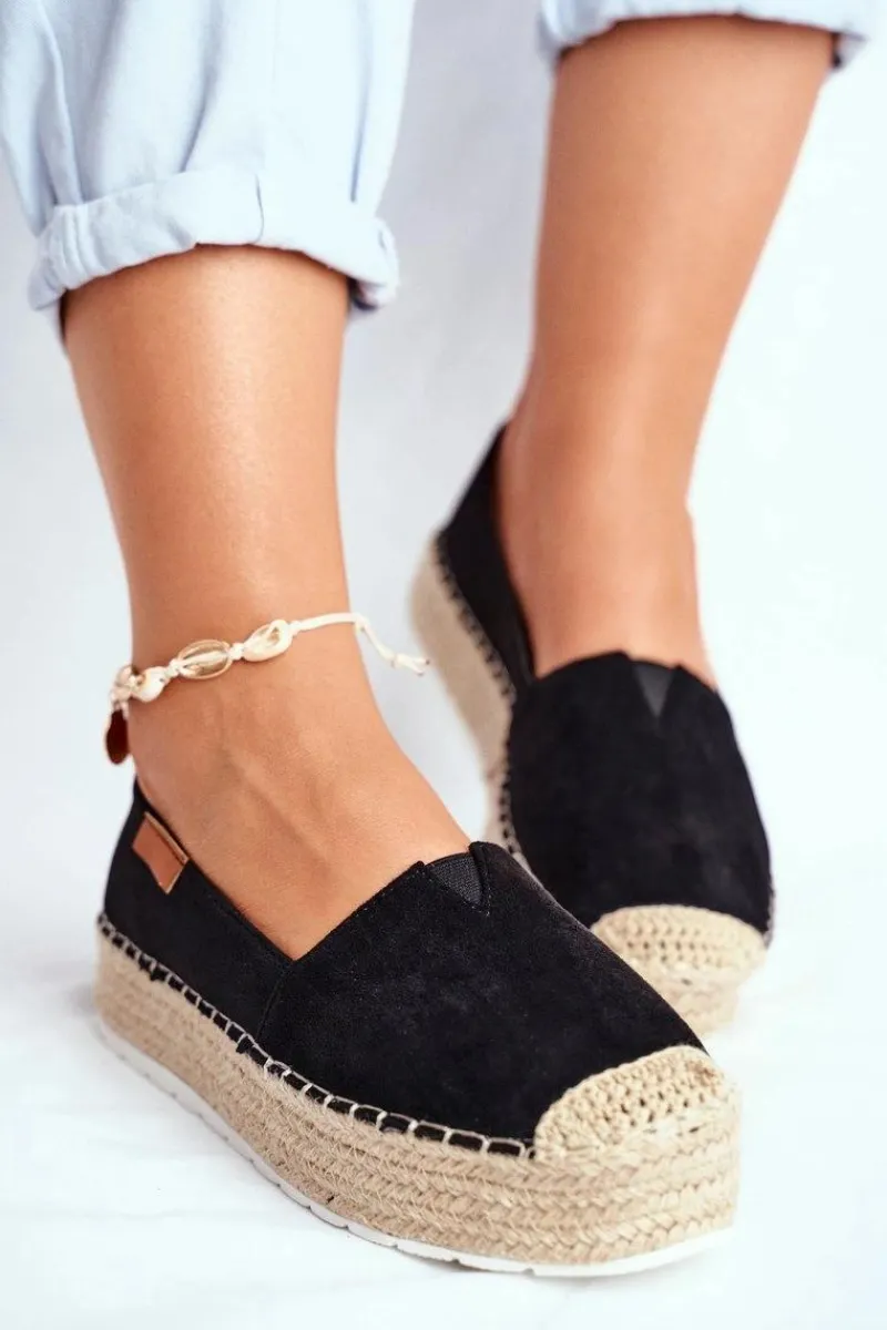 Czarne Espadryle>Boto Espadryle Damskie Na Platformie Lniane Czarne La Playa