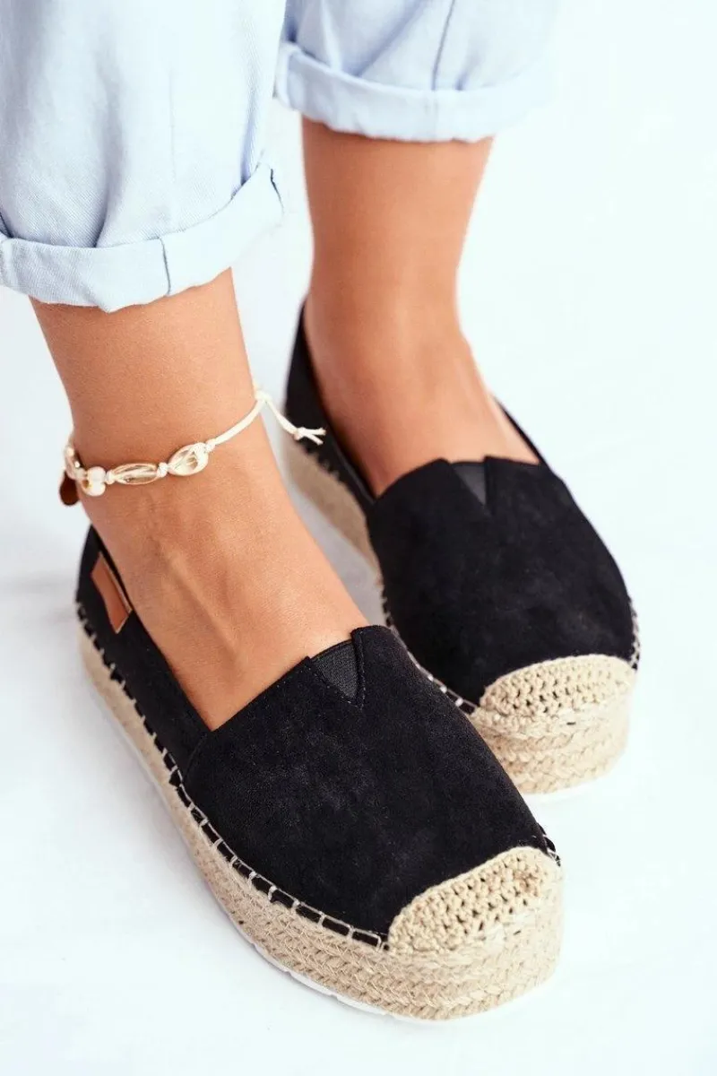 Czarne Espadryle>Boto Espadryle Damskie Na Platformie Lniane Czarne La Playa