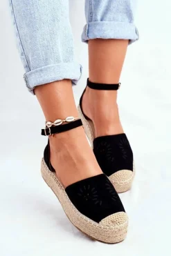Outlet Boto Espadryle Damskie Na Platformie Lniane Czarne Palermo