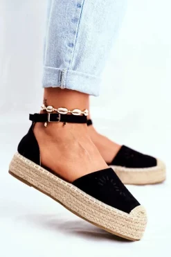 Outlet Boto Espadryle Damskie Na Platformie Lniane Czarne Palermo
