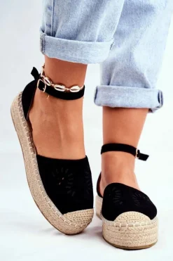 Outlet Boto Espadryle Damskie Na Platformie Lniane Czarne Palermo