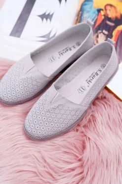 Clearance Espadryle Damskie Skóra Zamsz Szare Bimbo Damskie Baleriny Skórzane
