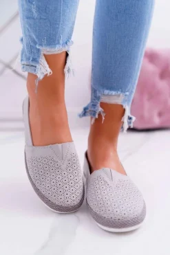 Clearance Espadryle Damskie Skóra Zamsz Szare Bimbo Damskie Baleriny Skórzane