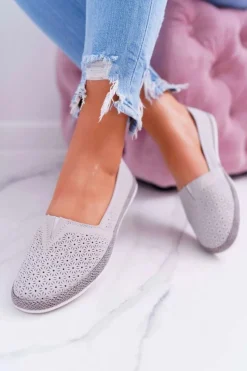 Clearance Espadryle Damskie Skóra Zamsz Szare Bimbo Damskie Baleriny Skórzane