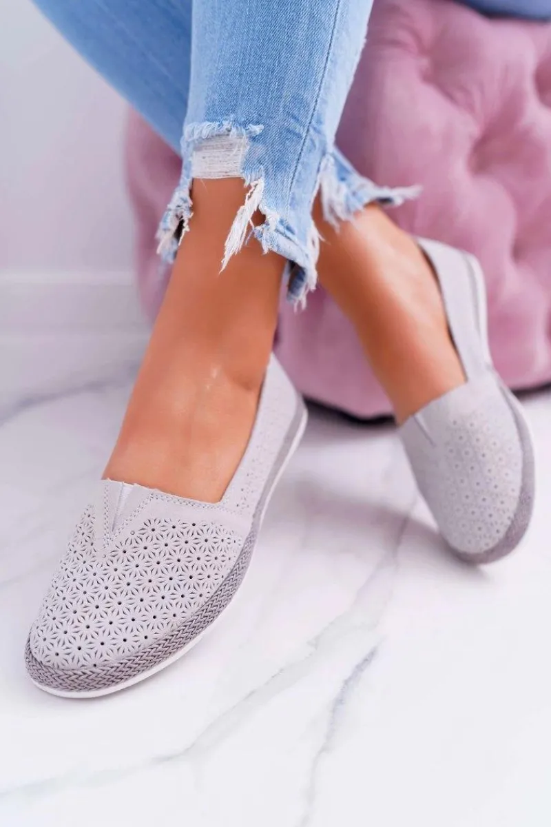 Clearance Espadryle Damskie Skóra Zamsz Szare Bimbo Damskie Baleriny Skórzane