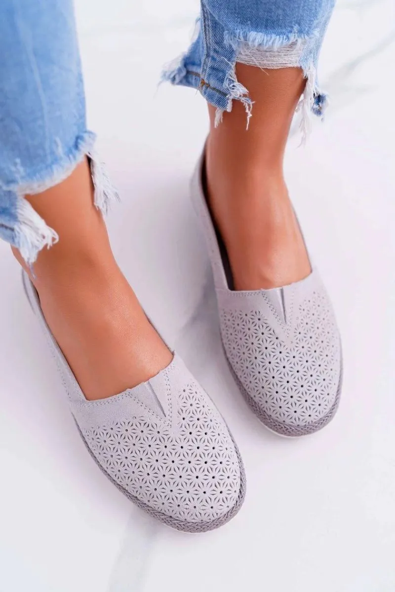 Clearance Espadryle Damskie Skóra Zamsz Szare Bimbo Damskie Baleriny Skórzane