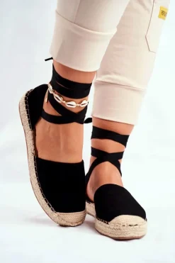 New Boto Espadryle Damskie Wiązane Lniane Czarne Bonjour