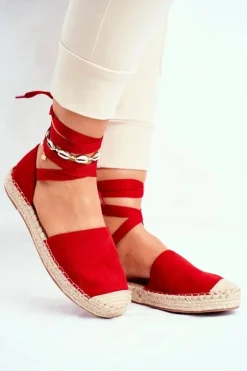 Czarne Espadryle>Boto Espadryle Damskie Wiązane Lniane Czerwone Bonjour