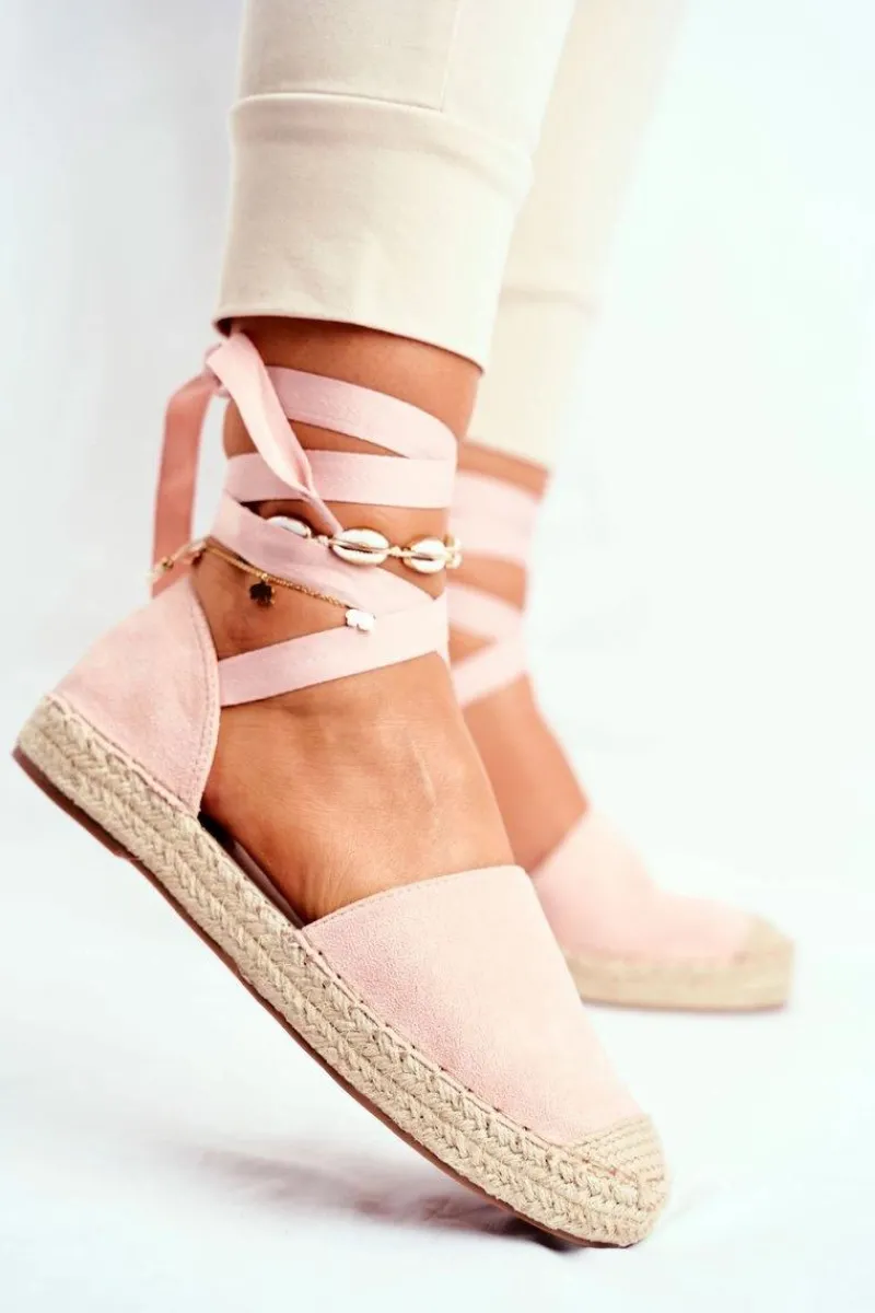 Czarne Espadryle>Boto Espadryle Damskie Wiązane Lniane Różowe Bonjour