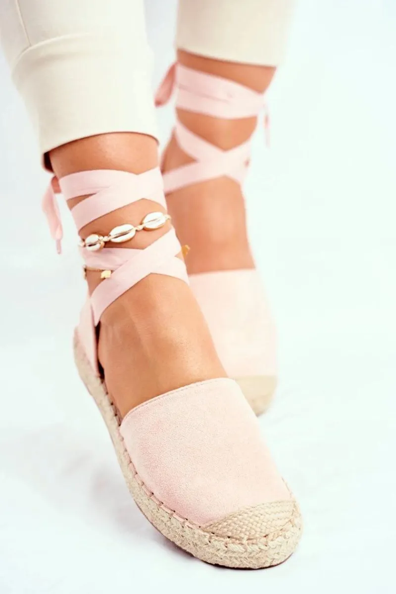 Czarne Espadryle>Boto Espadryle Damskie Wiązane Lniane Różowe Bonjour