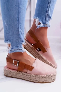 Outlet Boto Espadryle Damskie Zamszowe Na Platformie Różowe Parteno