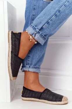 Espadryle Na Słomkowej Podeszwie Lu Boo Czarne Damskie Czarne Espadryle