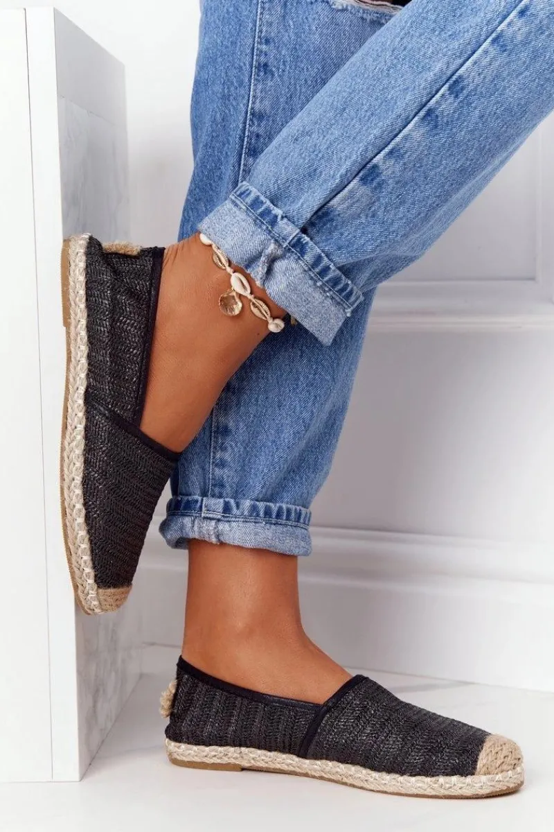 Espadryle Na Słomkowej Podeszwie Lu Boo Czarne Damskie Czarne Espadryle