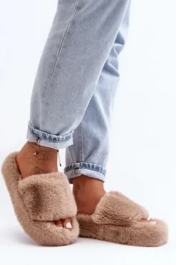 Outlet Boto Futrzane Kapcie Damskie Beżowe Biella Beżowy