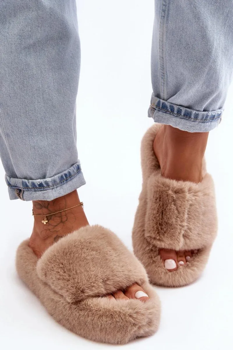 Outlet Boto Futrzane Kapcie Damskie Beżowe Biella Beżowy