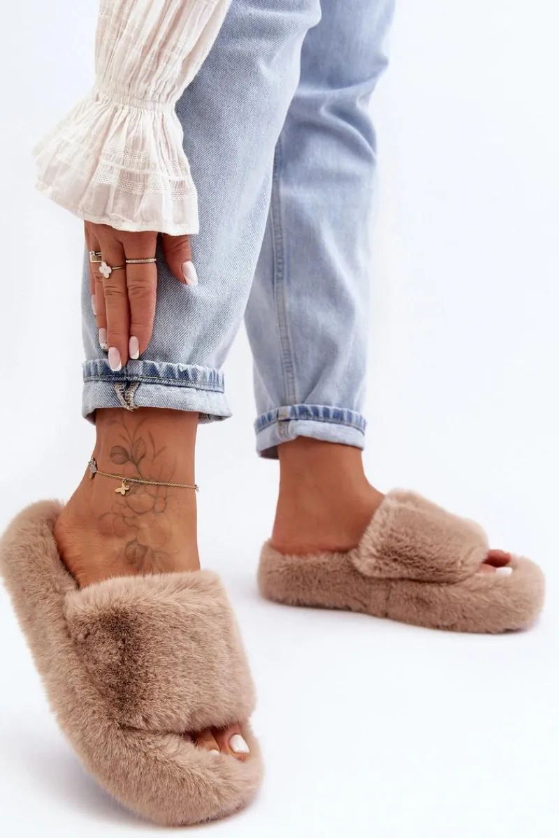 Outlet Boto Futrzane Kapcie Damskie Beżowe Biella Beżowy