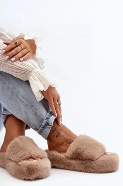 Outlet Boto Futrzane Kapcie Damskie Beżowe Biella Beżowy