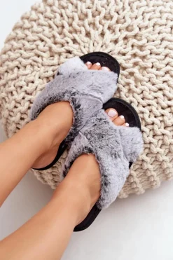 New Futrzane Kapcie Damskie 6800006D Szare Damskie Kapcie Klasyczne|Klapki Z Futerkiem